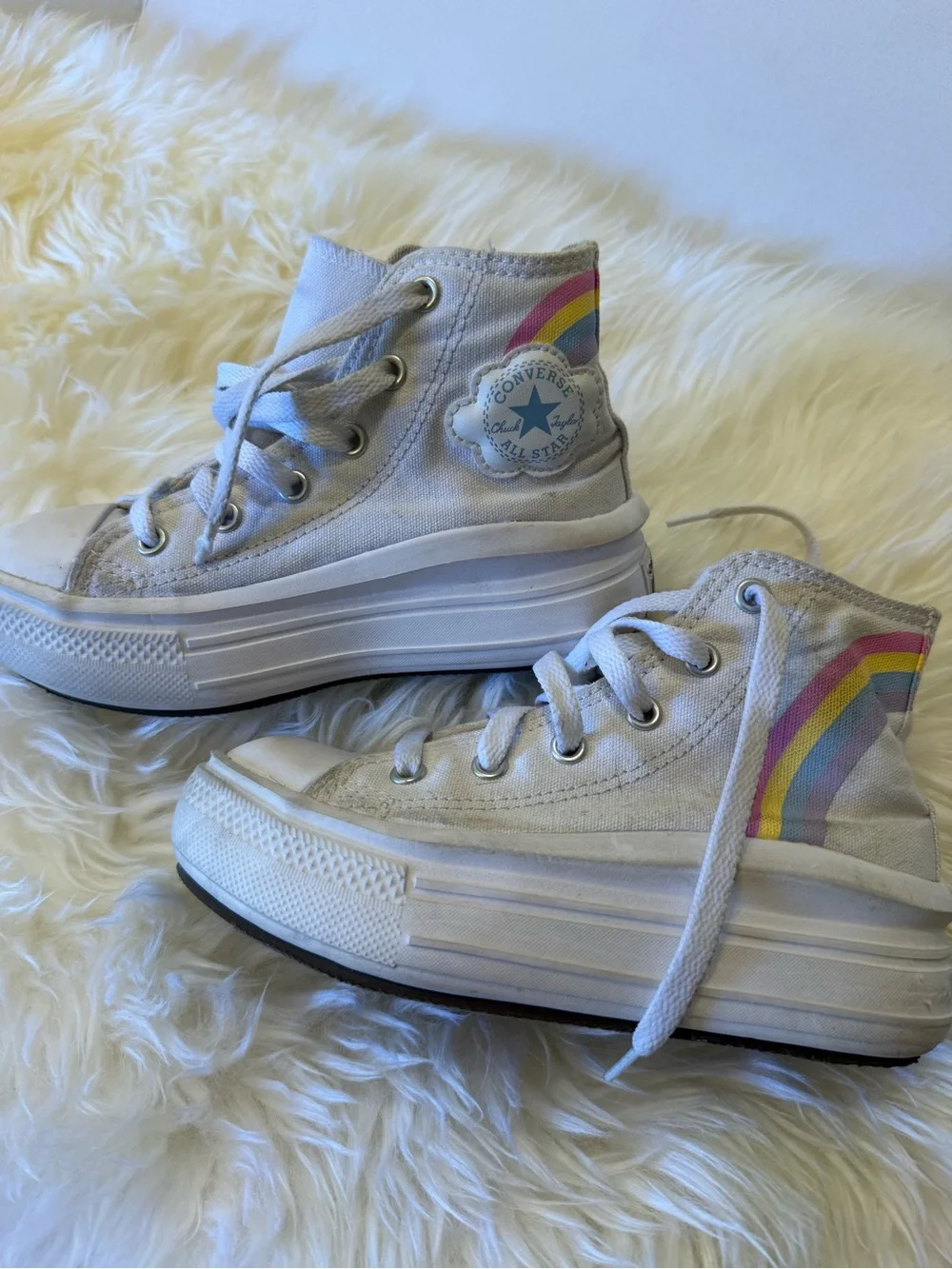 Kids Converse White High-Top Platform Sneakers with Rainbow Stripes